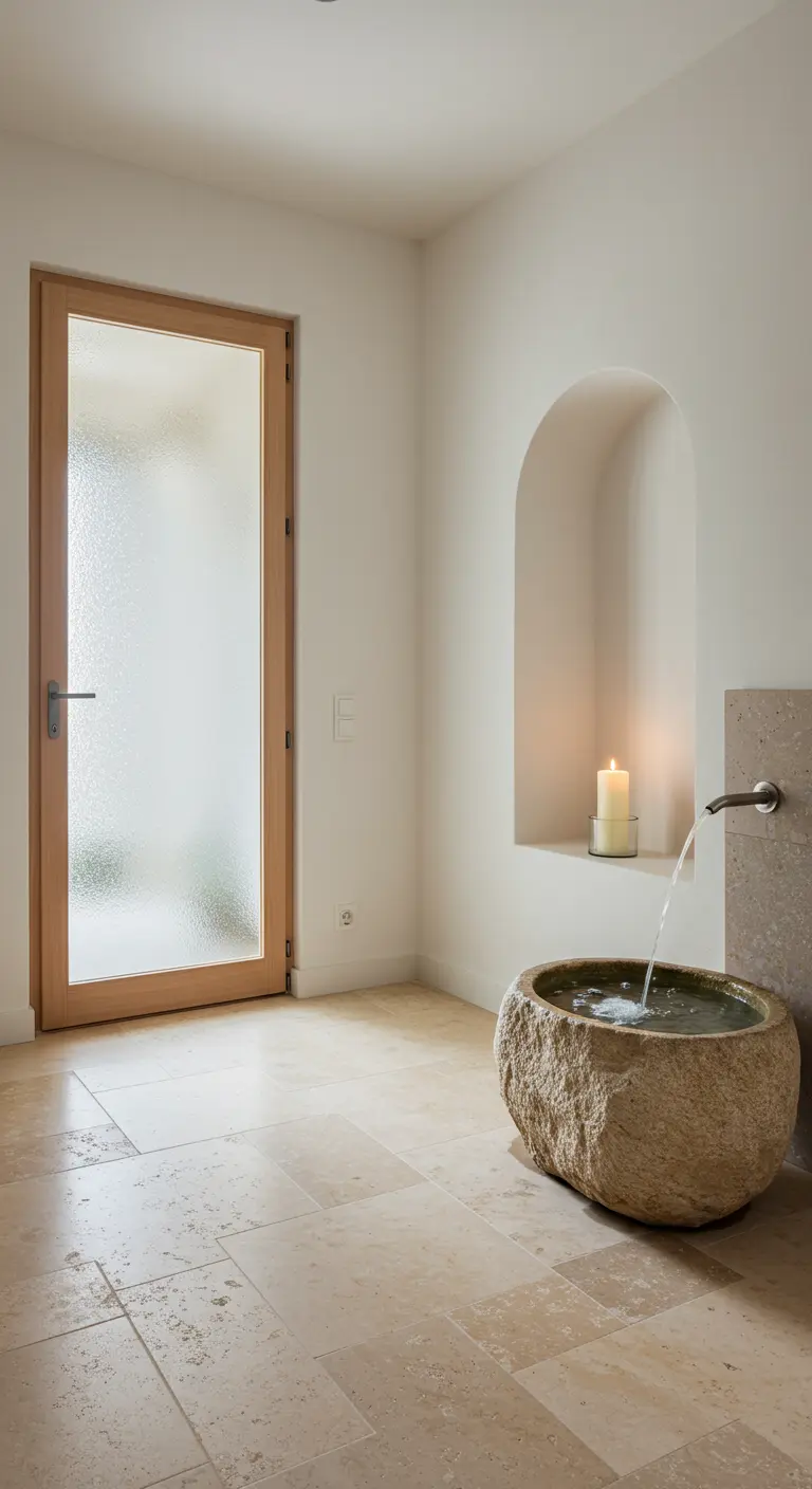 Rincón de entrada con fuente de piedra, un nicho con una vela y suelo de travertino.