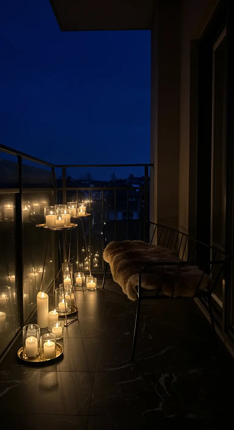 Balcón oscuro iluminado únicamente por decenas de velas agrupadas en soportes dorados.