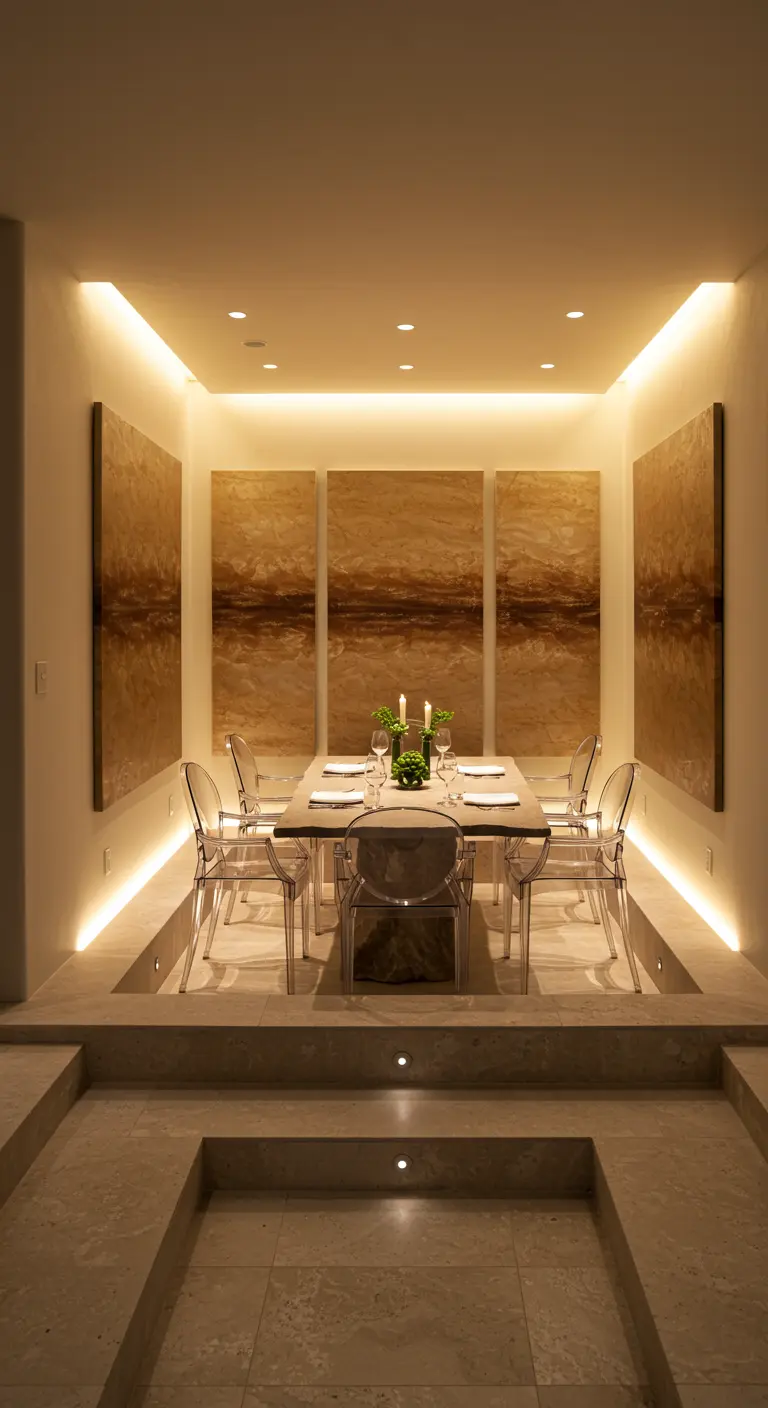 Comedor hundido con iluminación indirecta, paneles de arte abstracto dorado y sillas transparentes.
