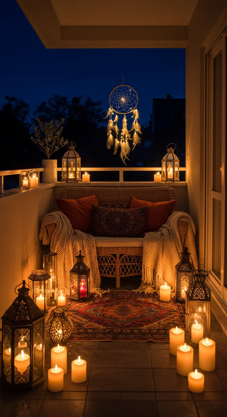 Balcón íntimo y romántico por la noche, iluminado exclusivamente por decenas de velas y farolillos.