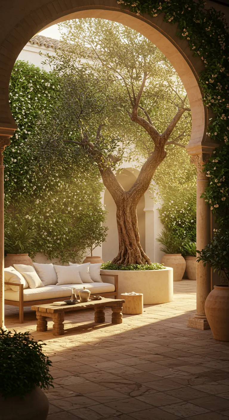 Patio sereno con un gran olivo en el centro, sofá de madera con cojines blancos y suelo de barro