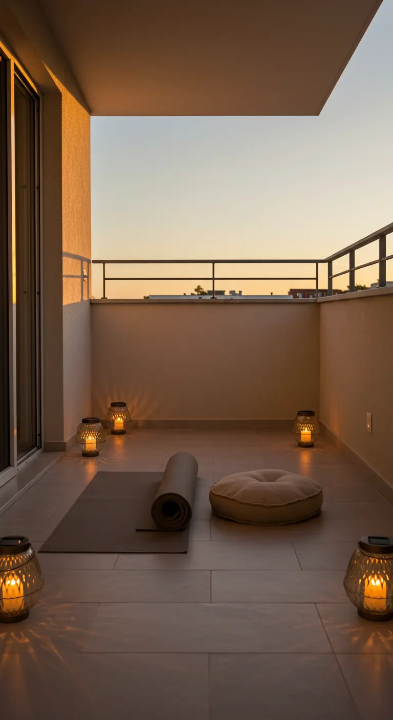 Balcón minimalista con esterilla de yoga y farolillos al atardecer.