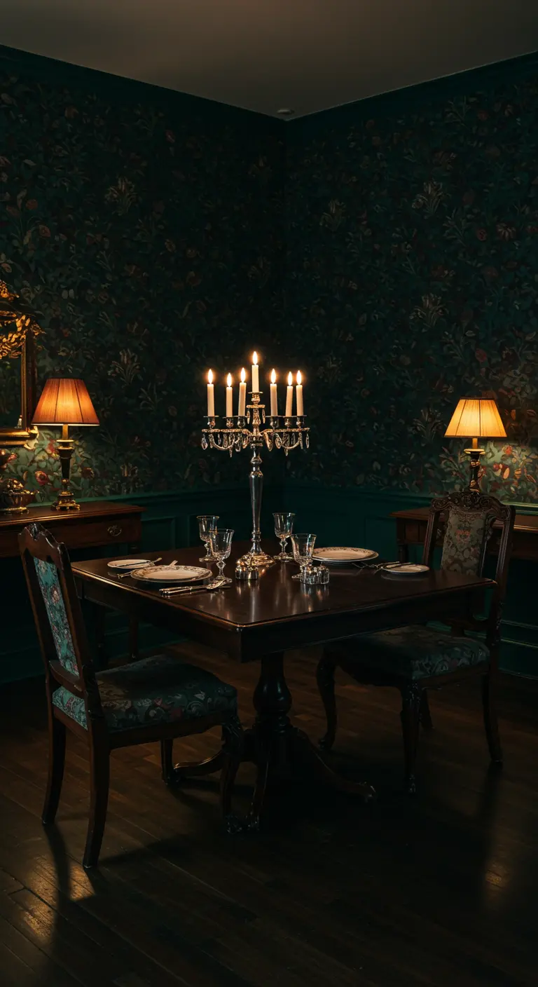 Comedor oscuro y elegante con papel pintado floral y un candelabro de plata como centro de mesa.