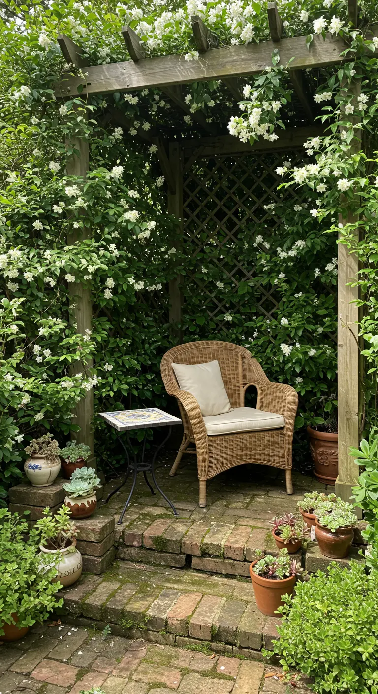Rincón de lectura íntimo bajo una pérgola cubierta de flores blancas, con un sillón de mimbre.