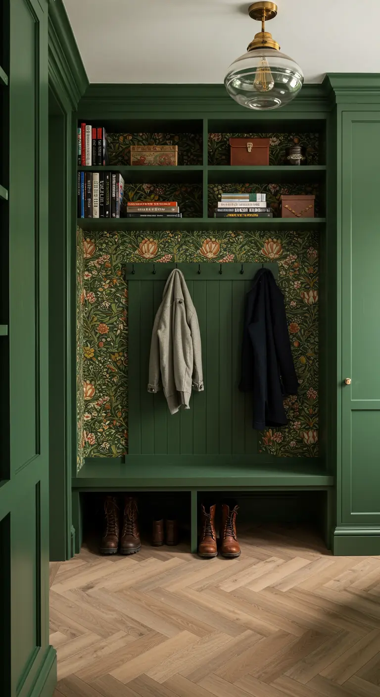 Interior de un mueble de entrada forrado con papel tapiz floral, revelando un patrón colorido.