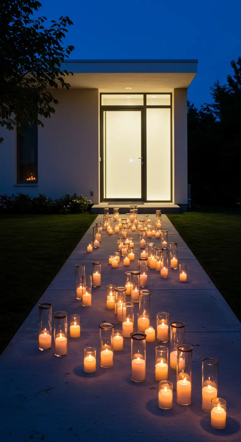 Un camino de cemento moderno flanqueado por docenas de velas en cilindros de cristal por la noche.