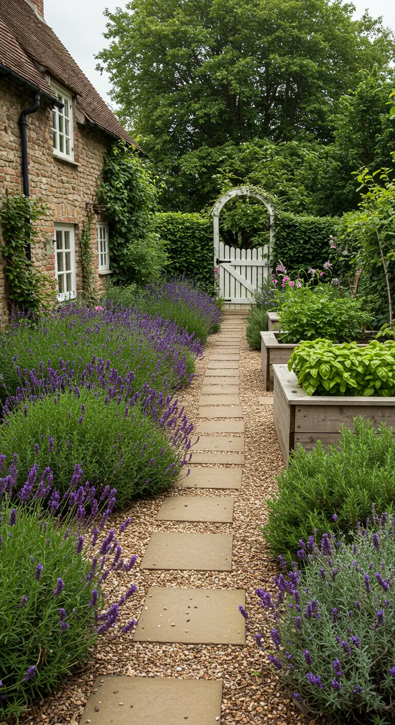 Camino de jardín de estilo rústico bordeado por densos arbustos de lavanda en flor