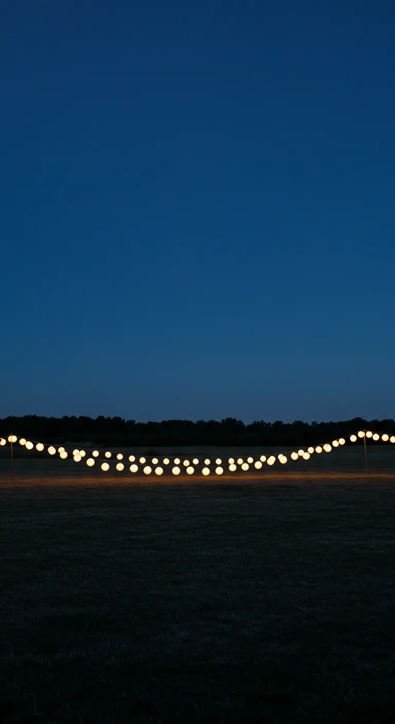 Guirnalda de lámparas de papel blancas iluminando un campo oscuro por la noche.