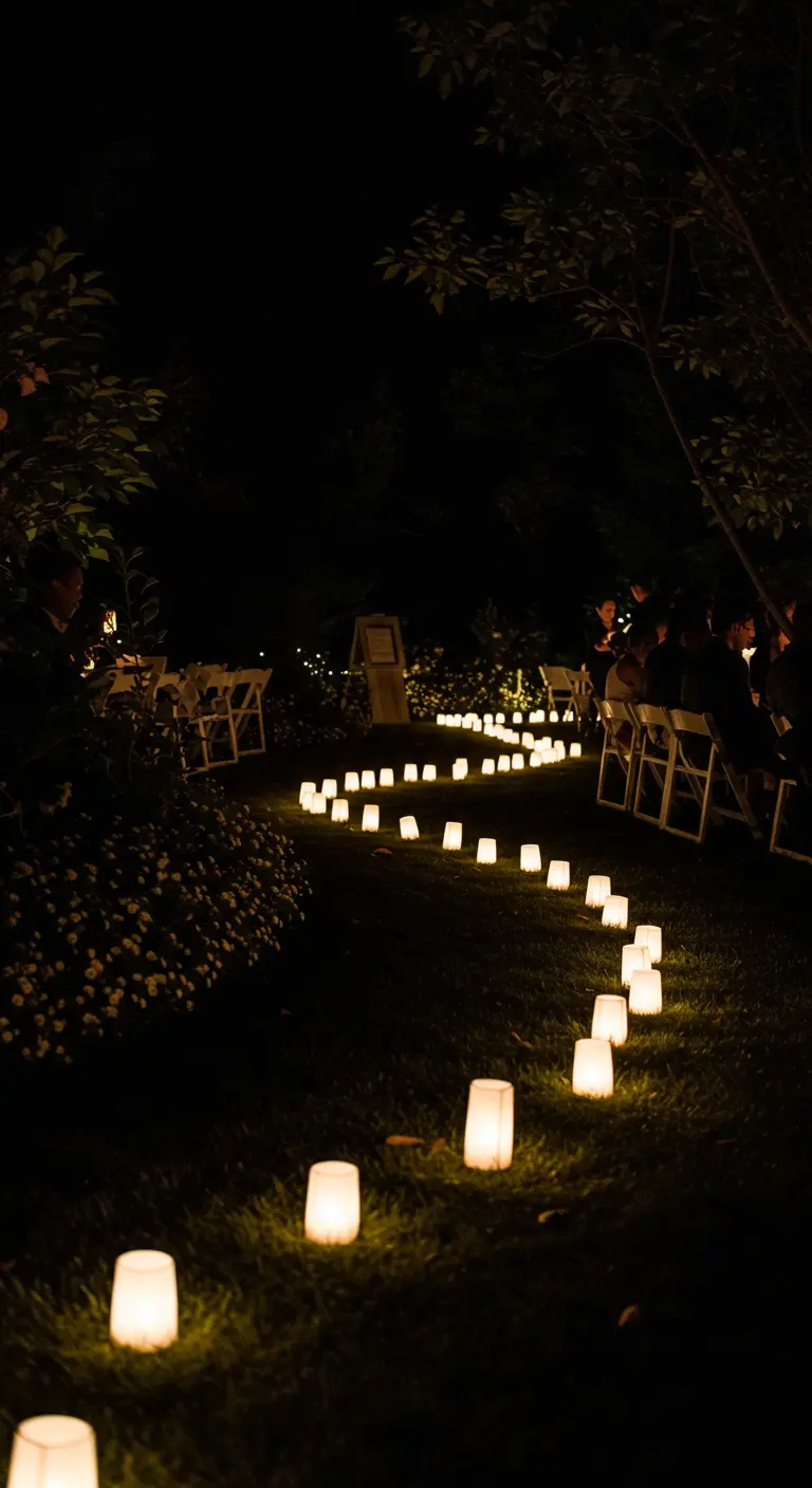 Un sendero oscuro en un jardín iluminado por una fila curva de luminarias de papel.