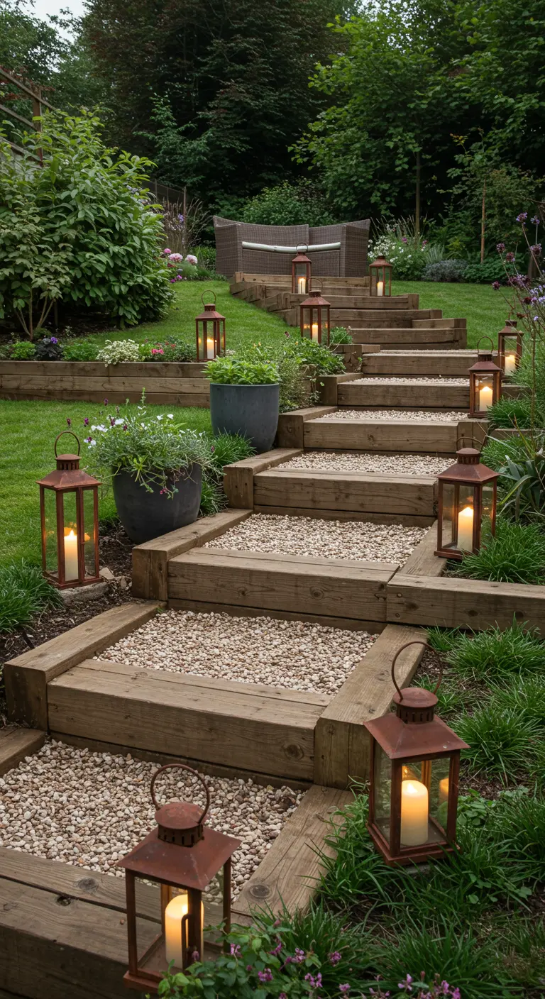 Escalones de jardín hechos con traviesas de madera y grava, iluminados por faroles de hierro