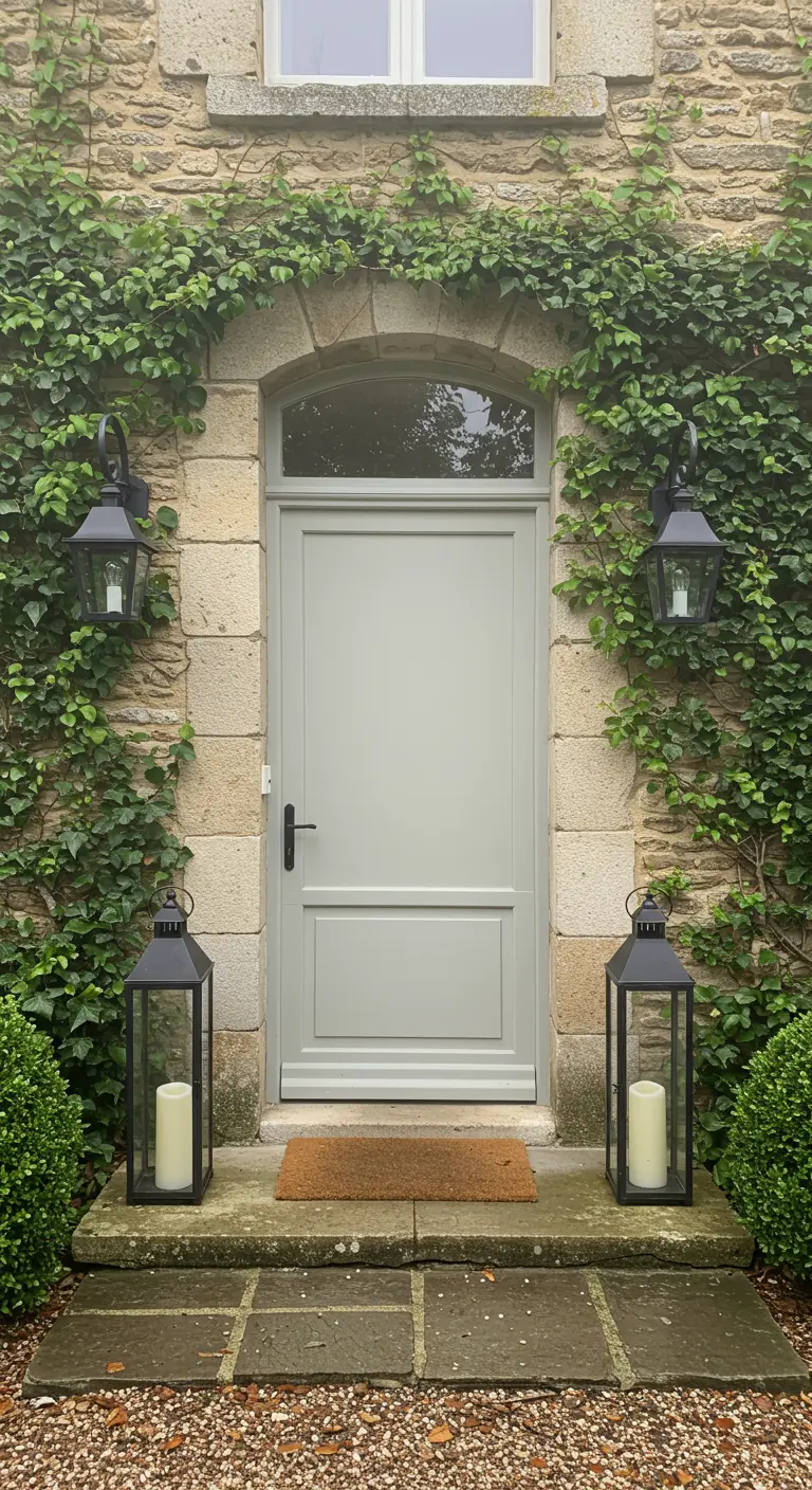Puerta gris enmarcada por hiedra y flanqueada por dos grandes faroles negros con velas