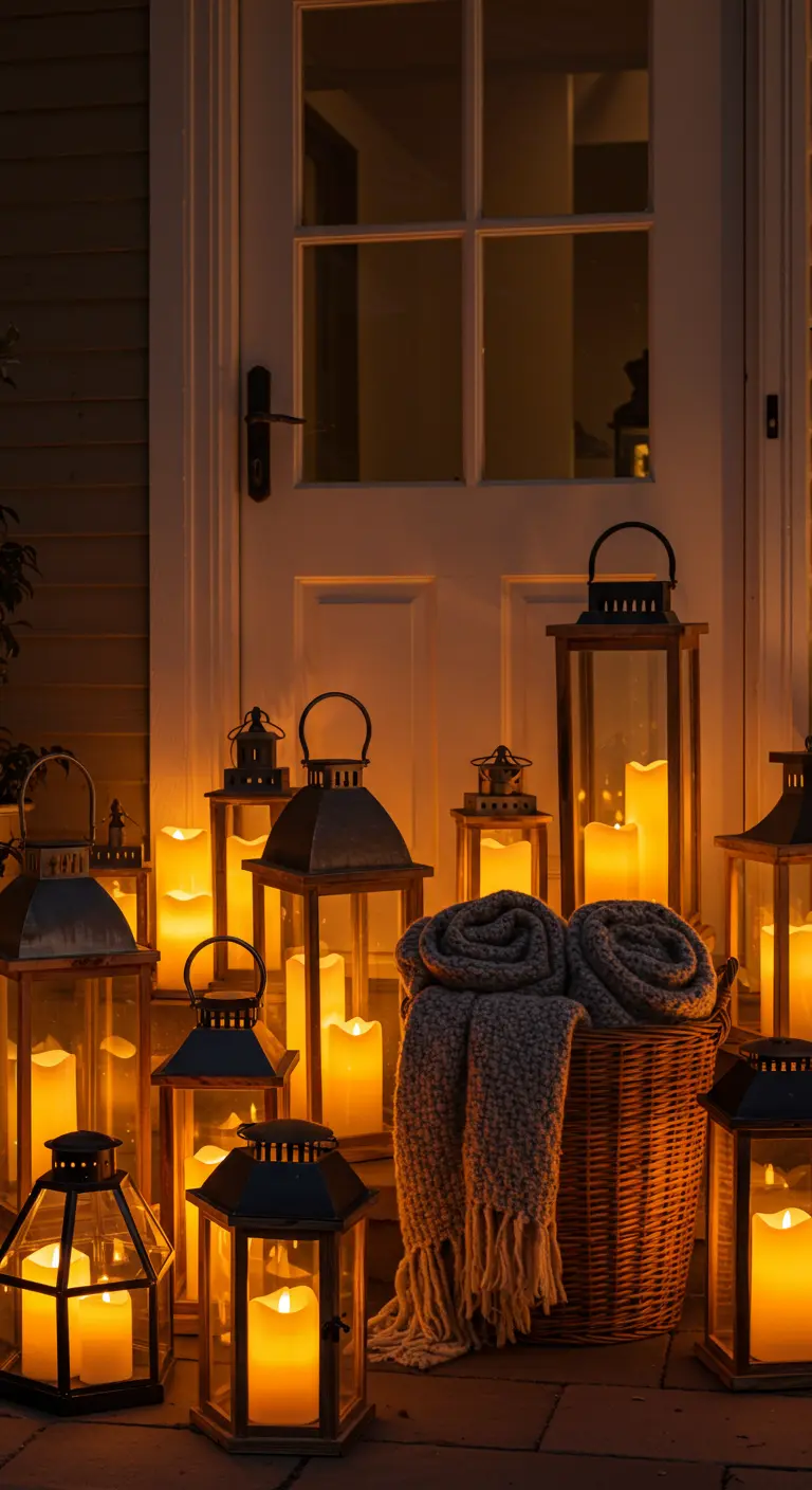 Colección de farolillos de distintos tamaños con velas LED encendidas iluminando la entrada de una casa.