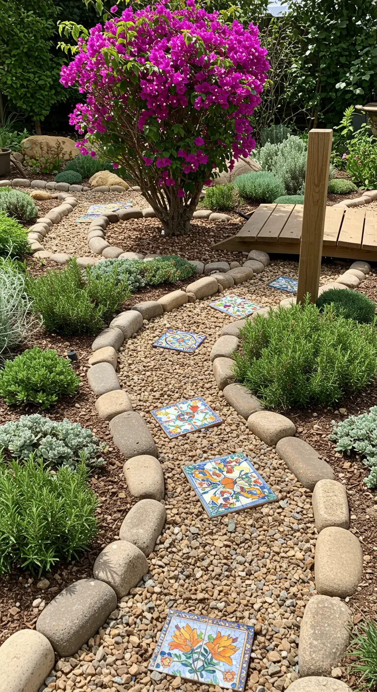 Camino de jardín hecho de grava y bordeado de piedras, con azulejos de colores insertados como adorno.