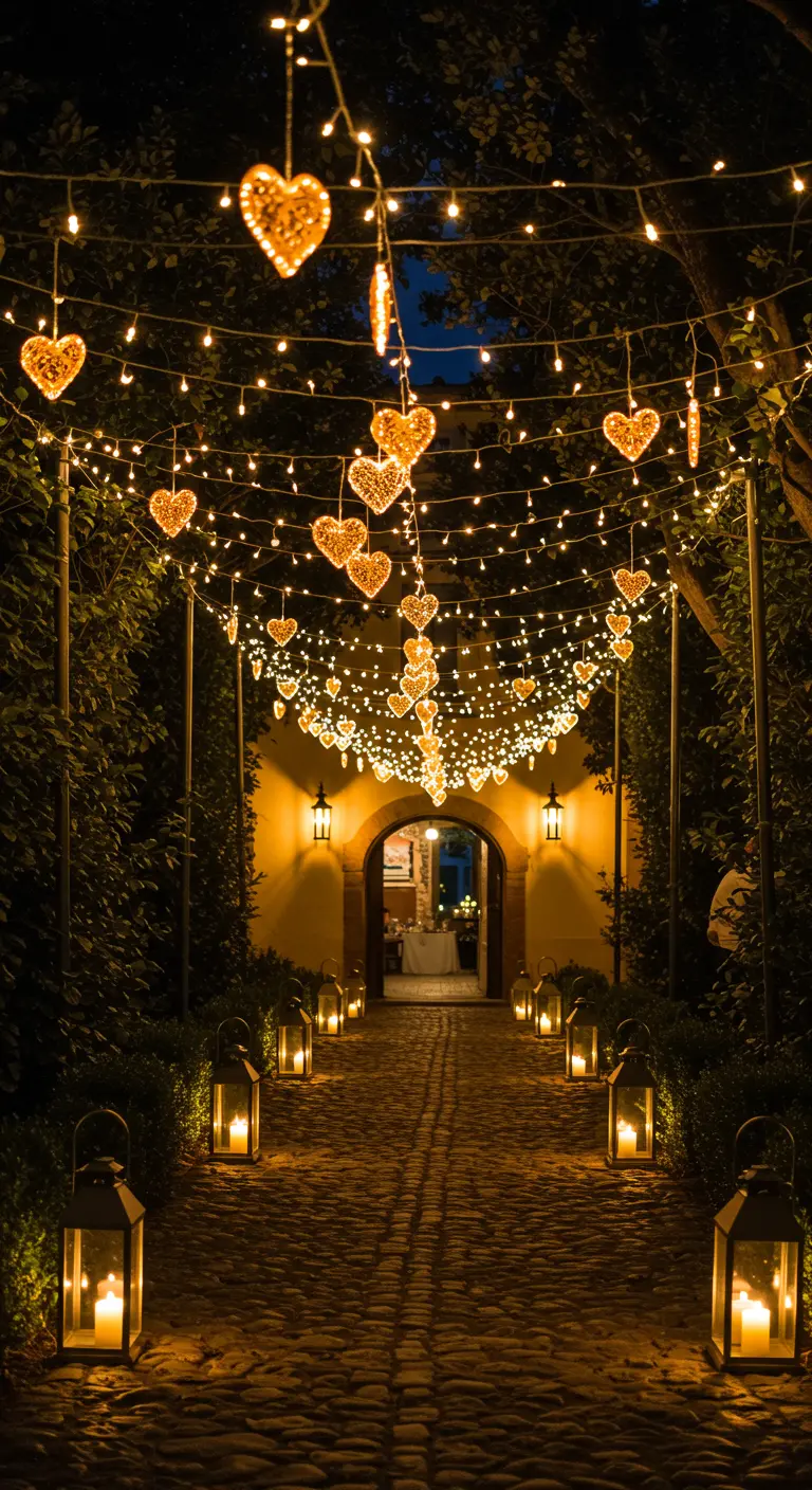 Camino de entrada a una boda iluminado con arcos de luces y corazones luminosos.