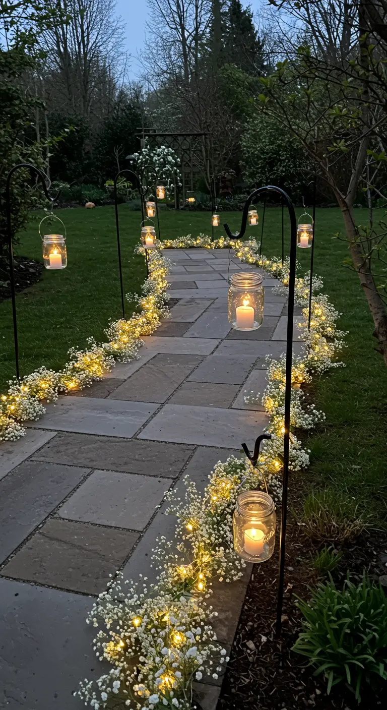 Camino de baldosas en un jardín bordeado con paniculata y farolillos con velas.