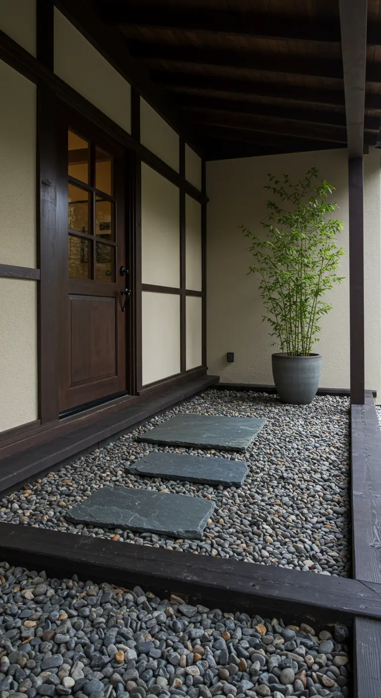 Pequeño jardín zen en la entrada con guijarros grises, losas de pizarra y una planta de bambú.