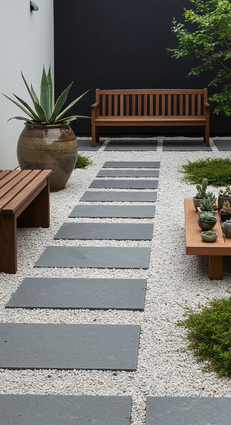 Jardín de estilo zen con camino de losas sobre grava blanca, bancos de madera y suculentas en macetas