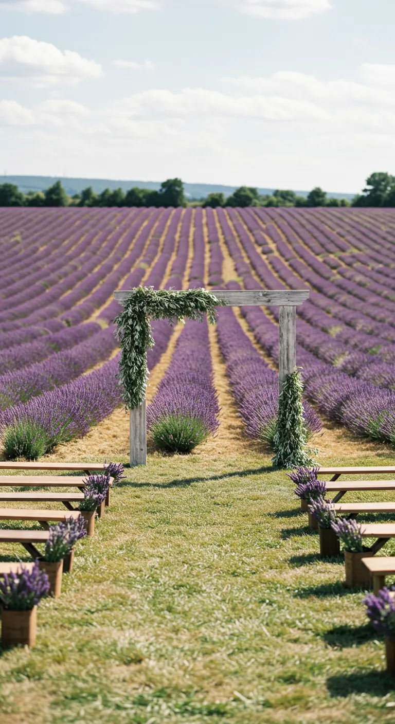 Arco de madera sencillo con enredaderas verdes en medio de un campo de lavanda.