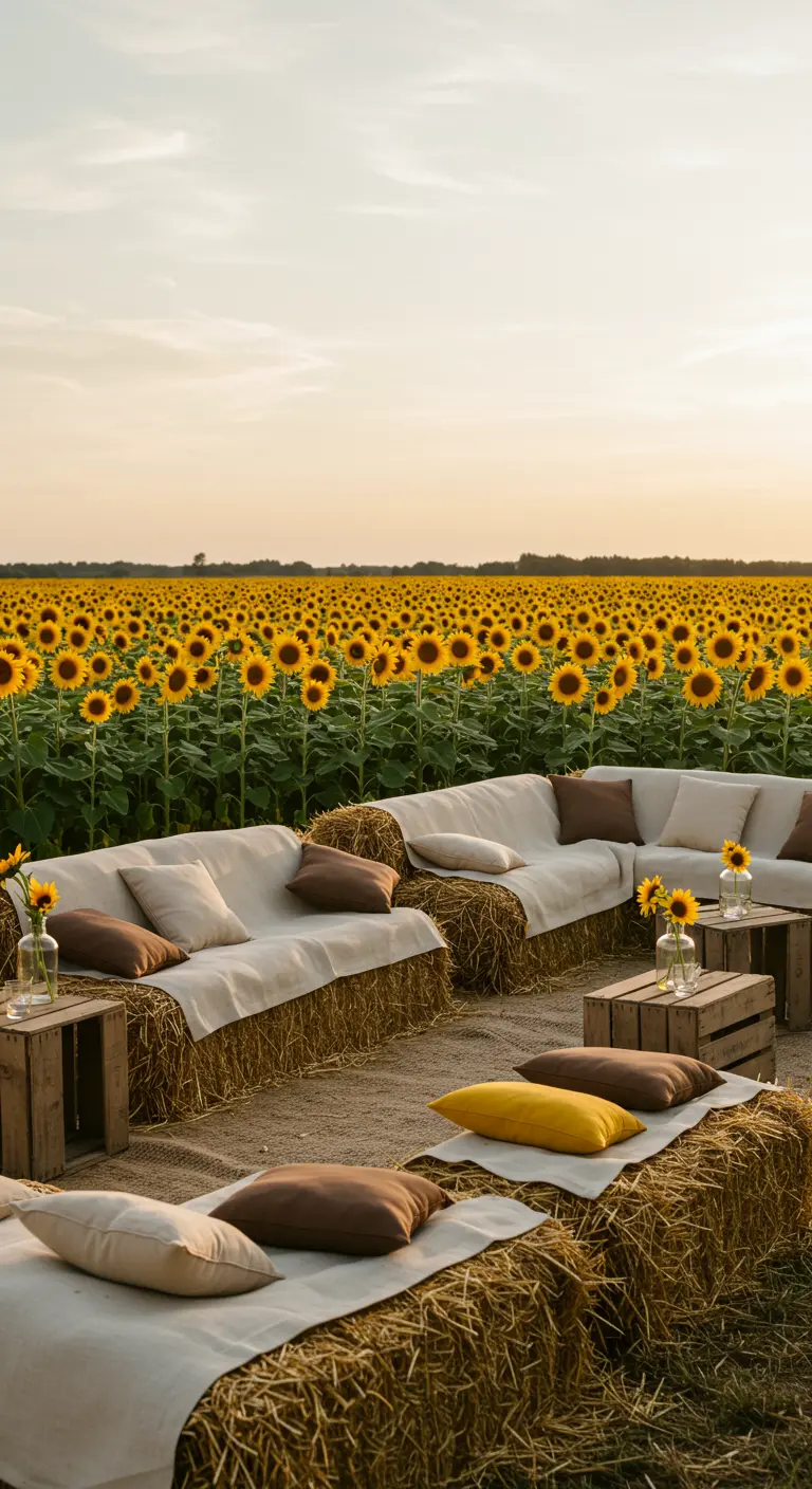 Zona de descanso en un campo de girasoles con sofás de balas de paja y cojines.