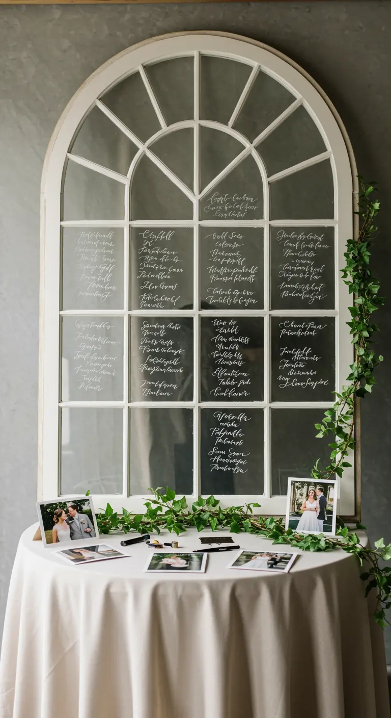 Ventana arqueada blanca usada como seating chart para una boda, con caligrafía blanca.