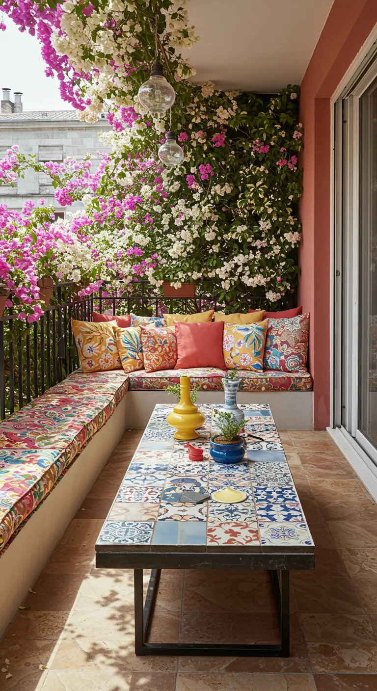 Balcón con banco de obra en L, cojines estampados y mesa de centro de azulejos.