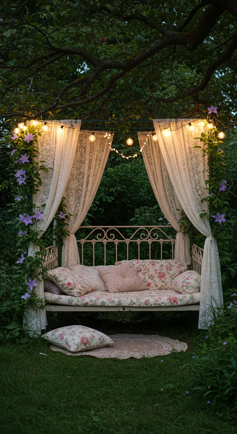 Cama de día de hierro forjado blanco con cortinas de encaje y cojines florales en un jardín.