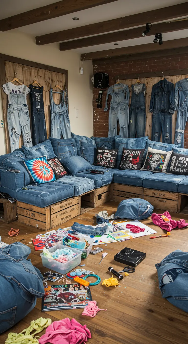 Sofá modular hecho con cajas de madera y grandes cojines de tela vaquera reciclada, en un salón de estilo informal.