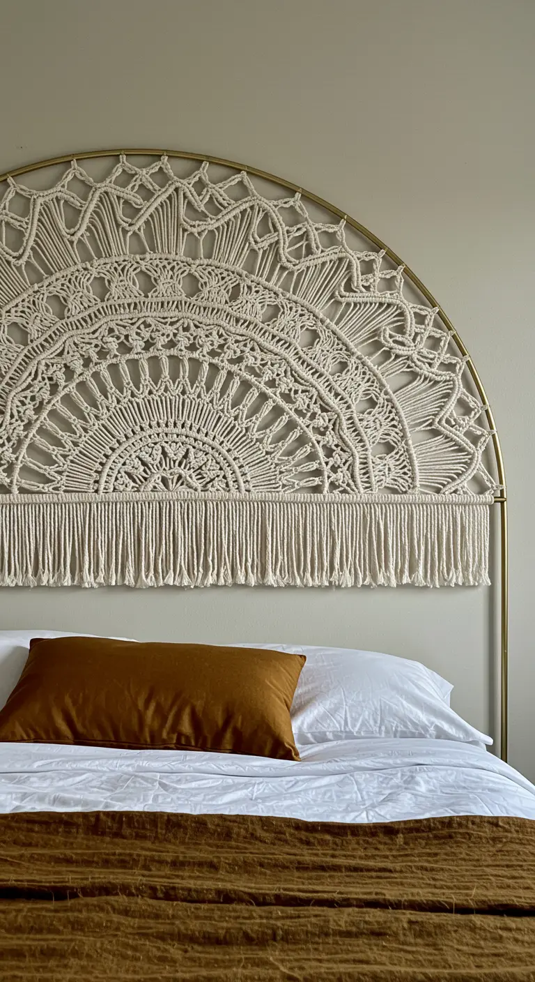 Cabecera de macramé tejida sobre un marco de metal dorado en forma de arco.