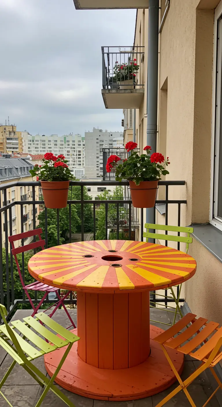 Mesa de carrete de cable pintada de naranja y amarillo con un diseño de rayos de sol.