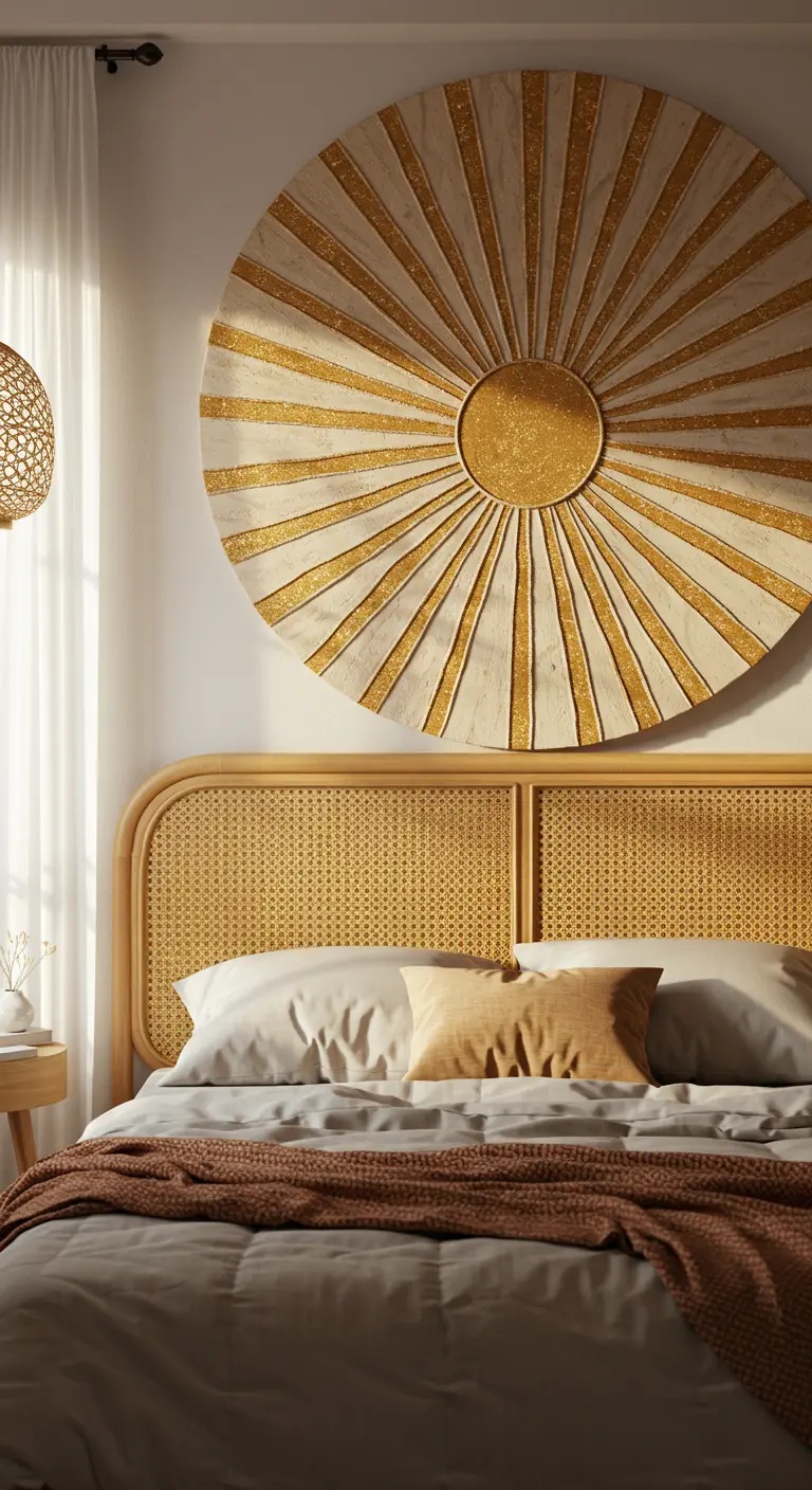 Gran cuadro redondo sobre una cama con un diseño de sol texturizado en blanco y dorado