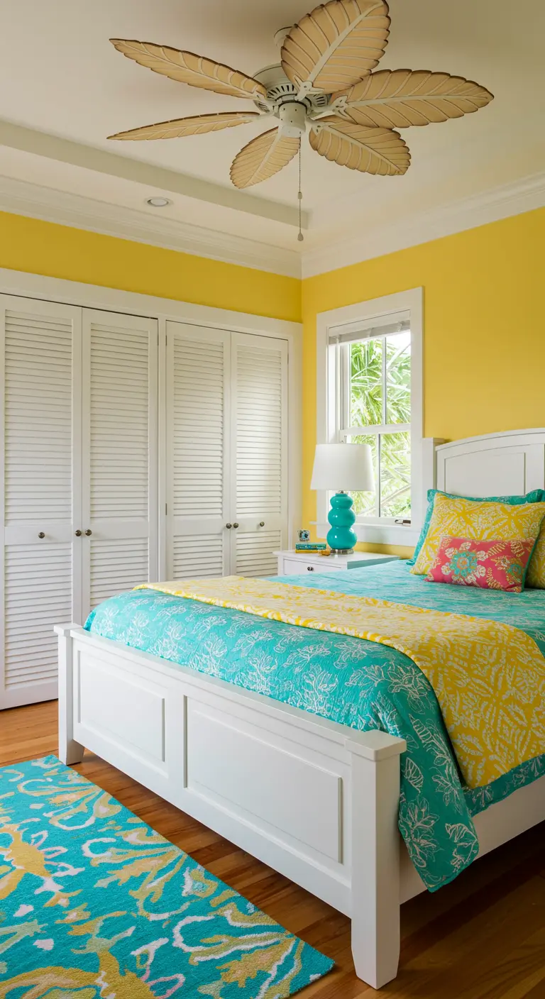 Dormitorio alegre con paredes amarillas, ropa de cama turquesa y muebles blancos.
