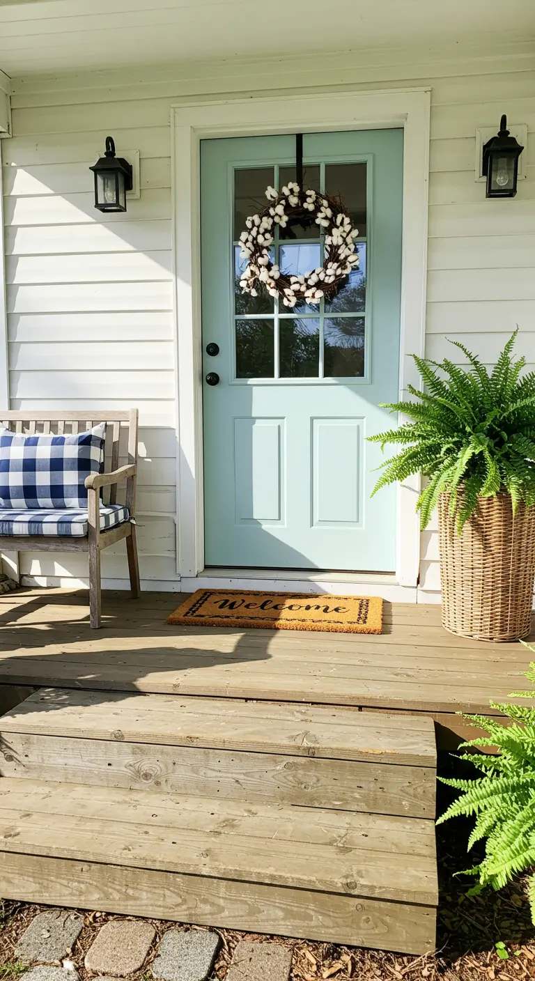 Entrada de casa con puerta azul claro, corona de algodón y un banco con cojín de cuadros.