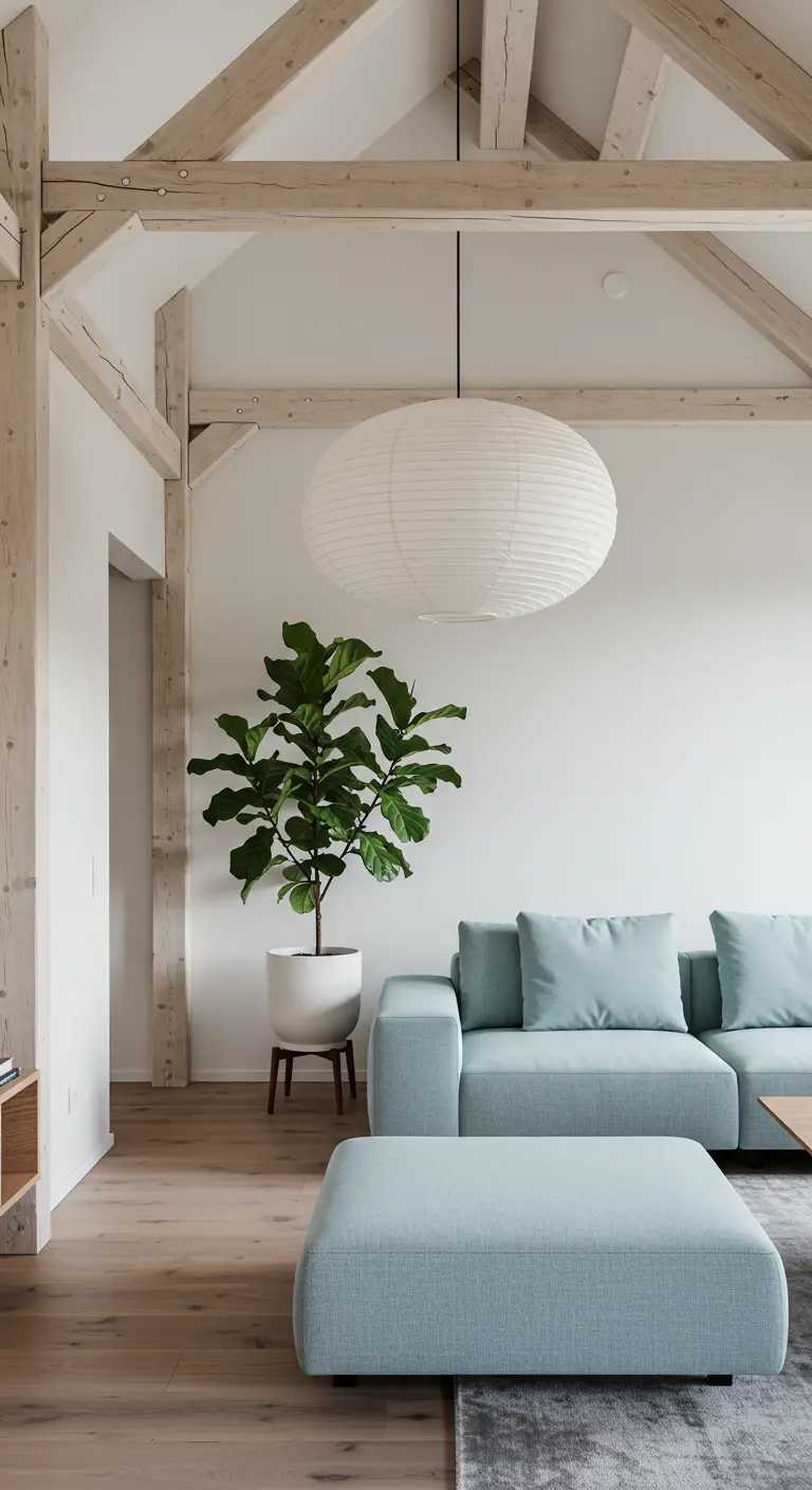Sala con vigas de madera, sofá modular azul pastel y una gran planta ficus