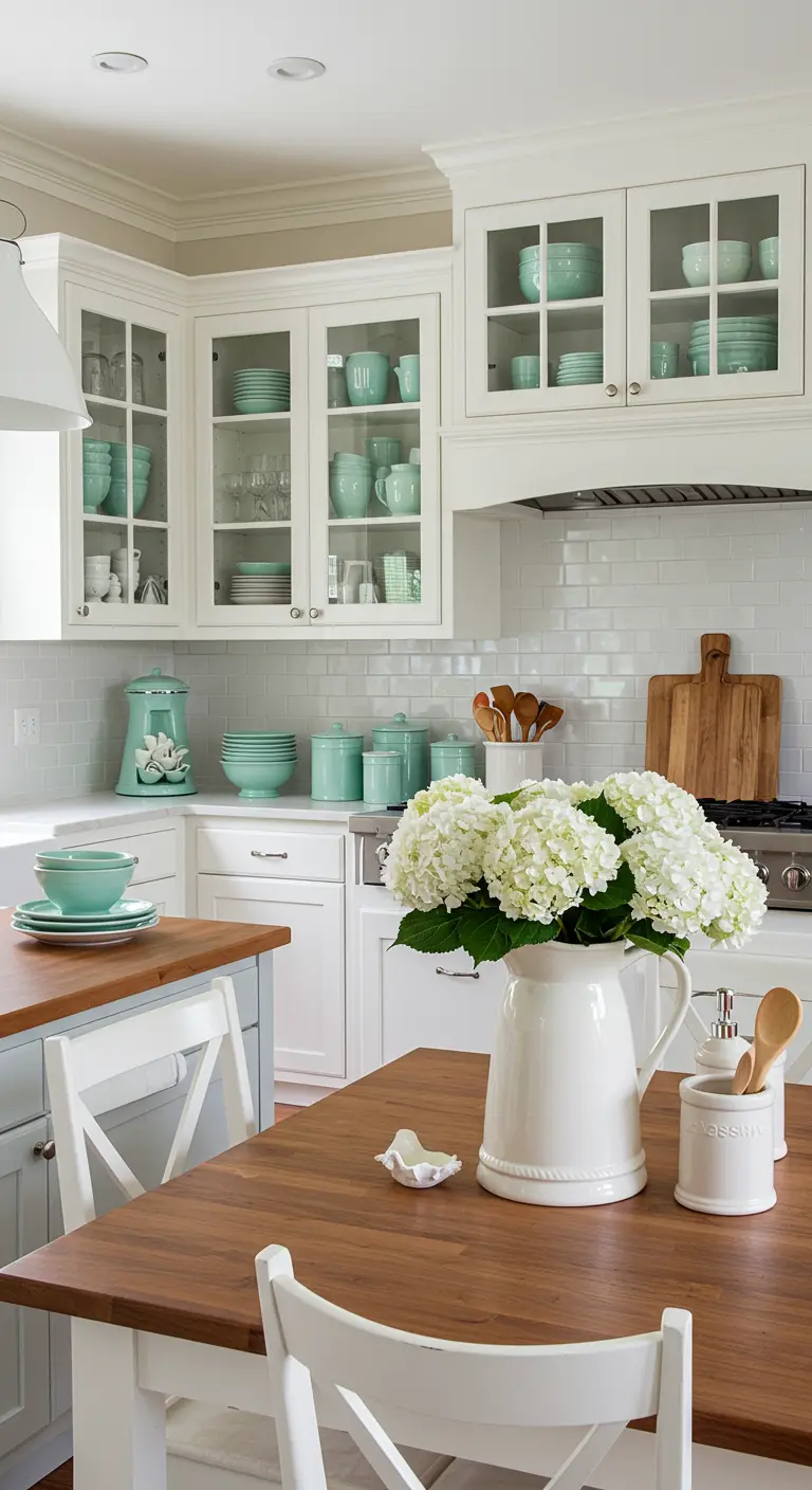 Cocina blanca y luminosa con vajilla y botes de cerámica en color menta.