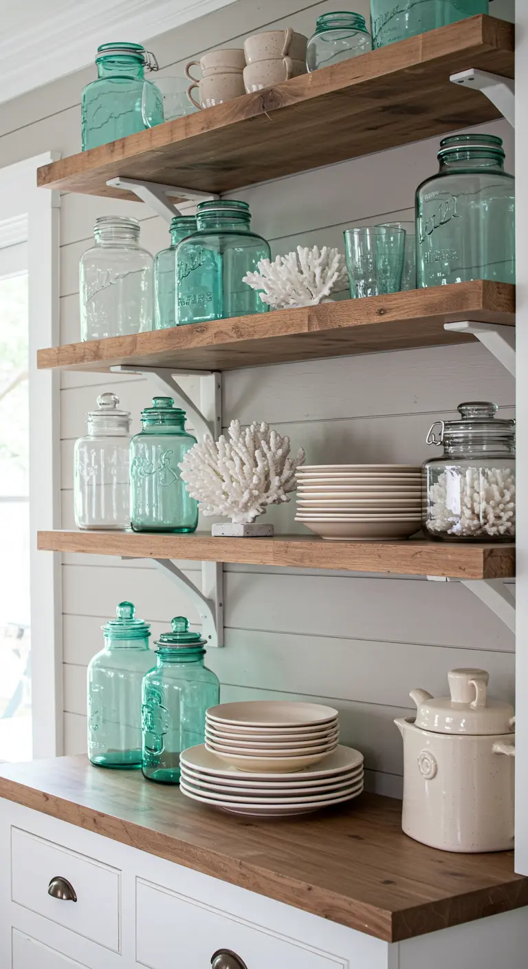 Estanterías de madera rústica con grandes tarros de cristal de color turquesa y decoración de coral.