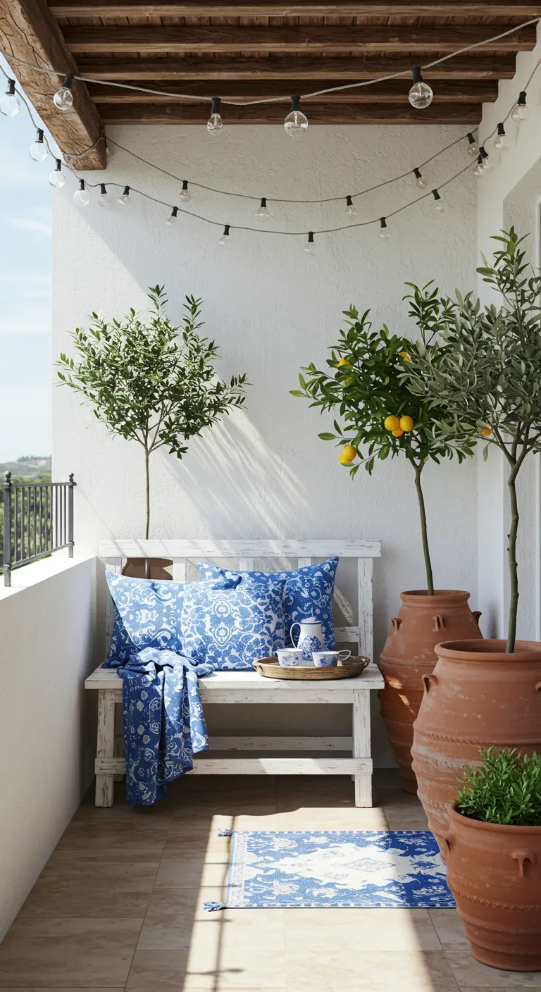 Balcón de estilo mediterráneo con paredes blancas, un banco blanco, cojines azules y macetas de terracota con limoneros