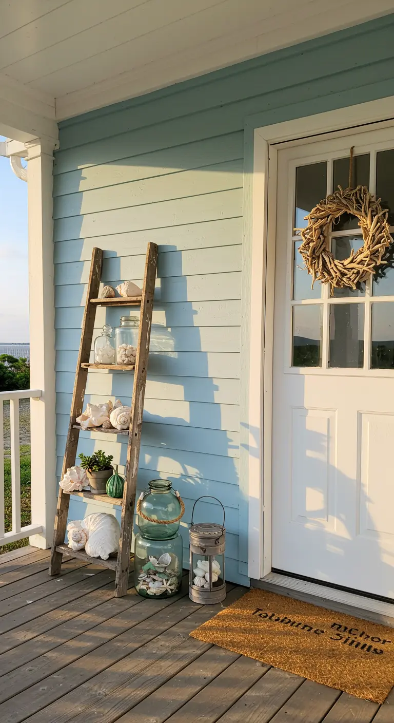 Escalera de madera rústica decorada con grandes conchas marinas, farolillos y tarros de cristal.