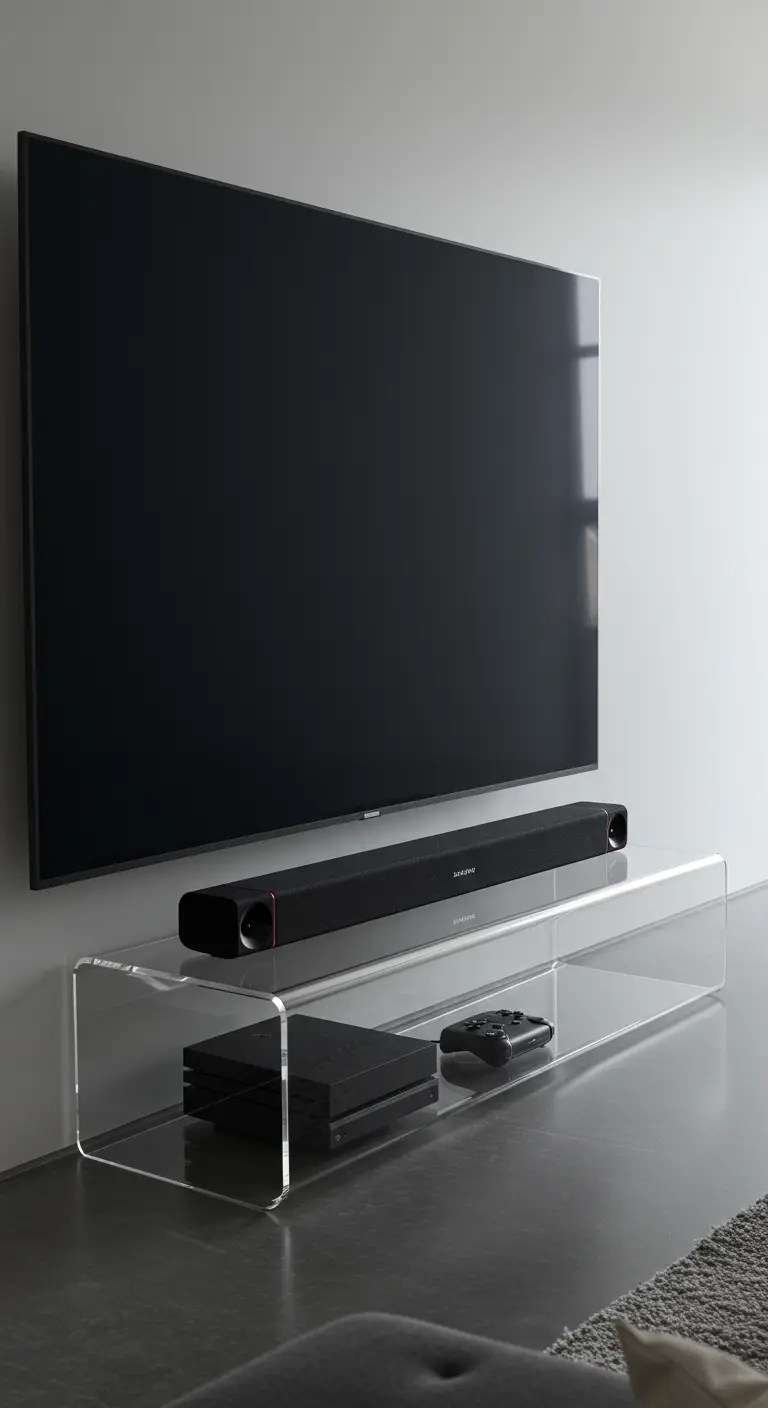 Soporte de TV de acrílico transparente con una barra de sonido y una consola de videojuegos debajo