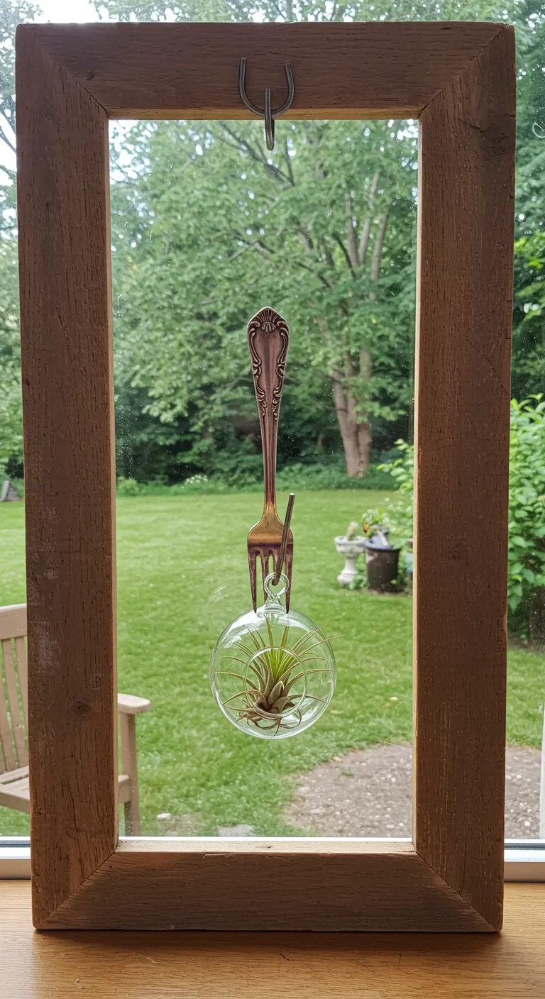 Un tenedor vintage con los dientes doblados sostiene una pequeña esfera de cristal con una planta de aire.