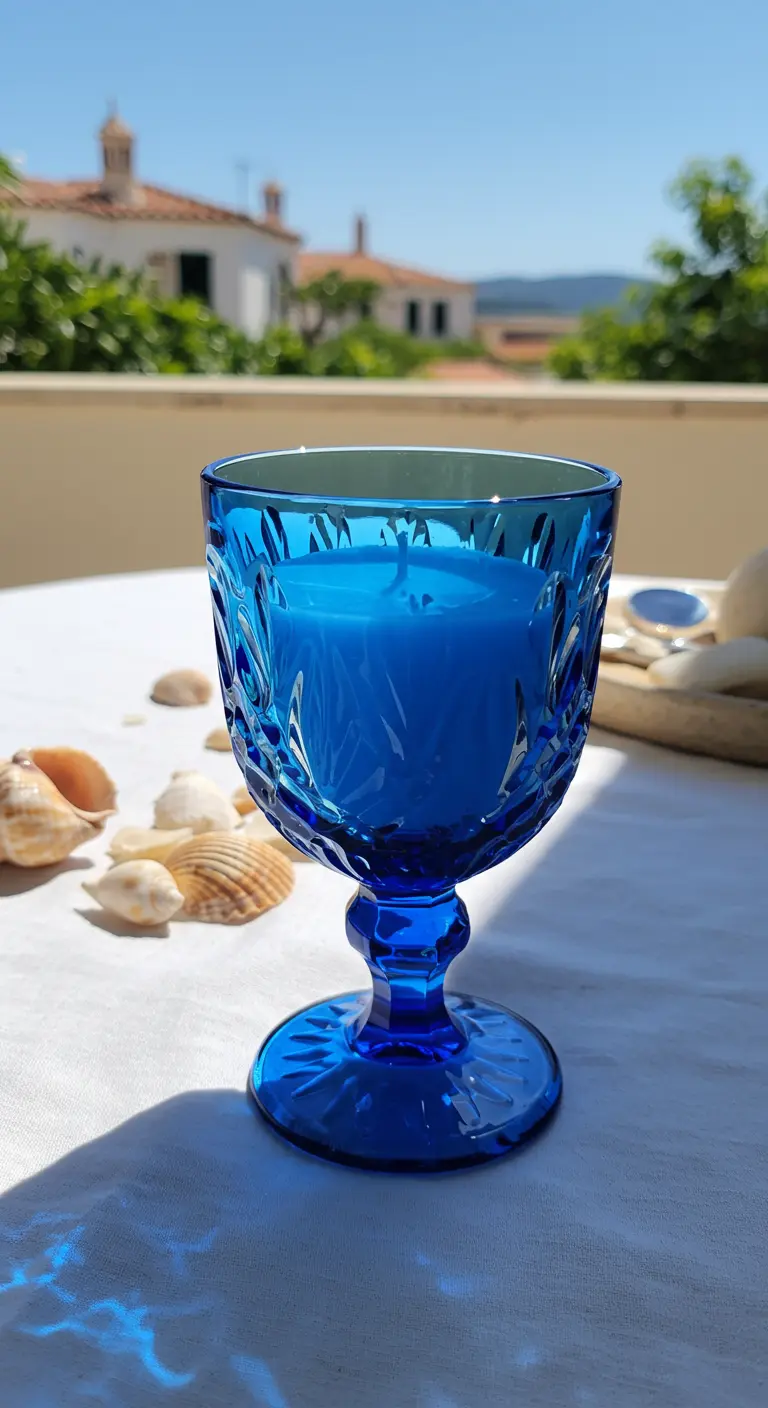 Vela azul intenso en una copa de cristal tallado azul sobre una mesa al aire libre