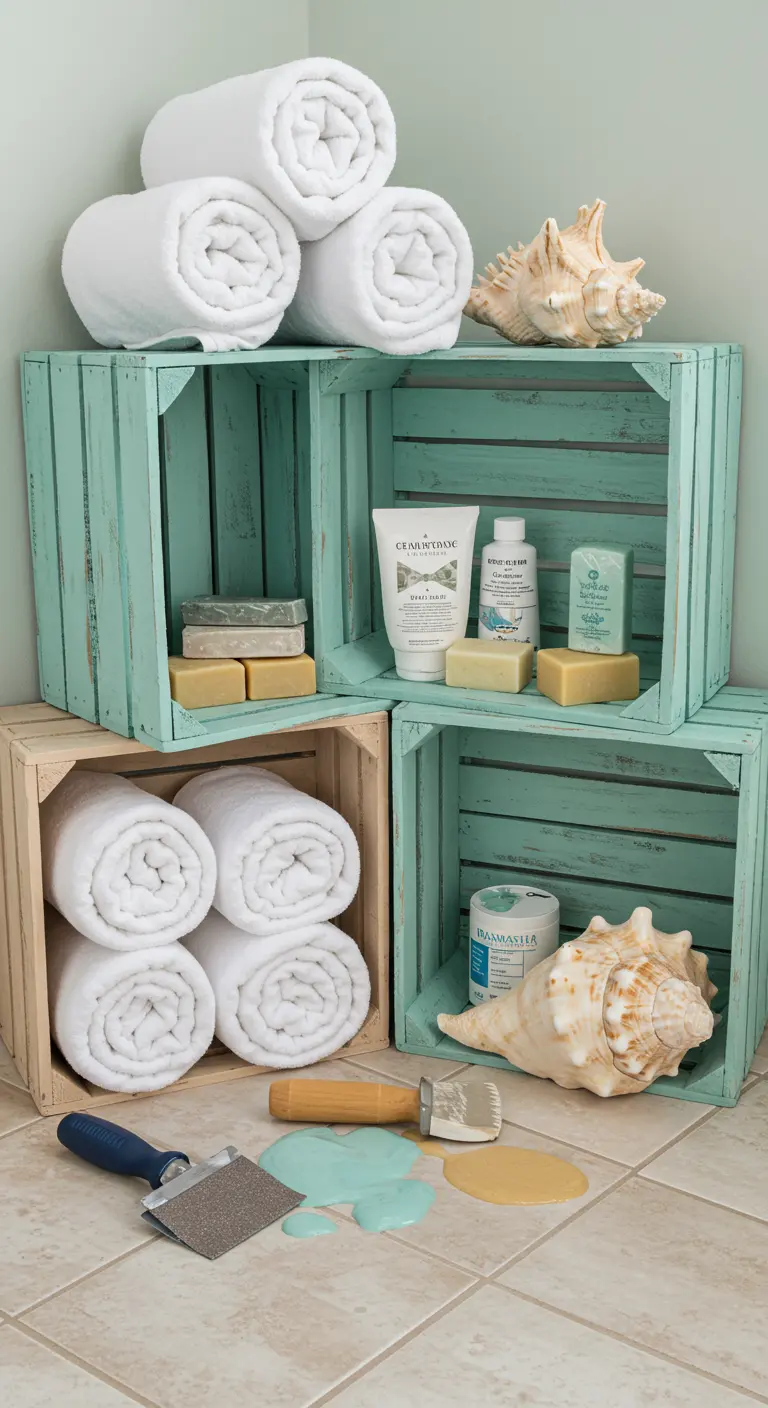 Cajas de madera en tonos aguamarina y natural para organizar toallas en el baño.