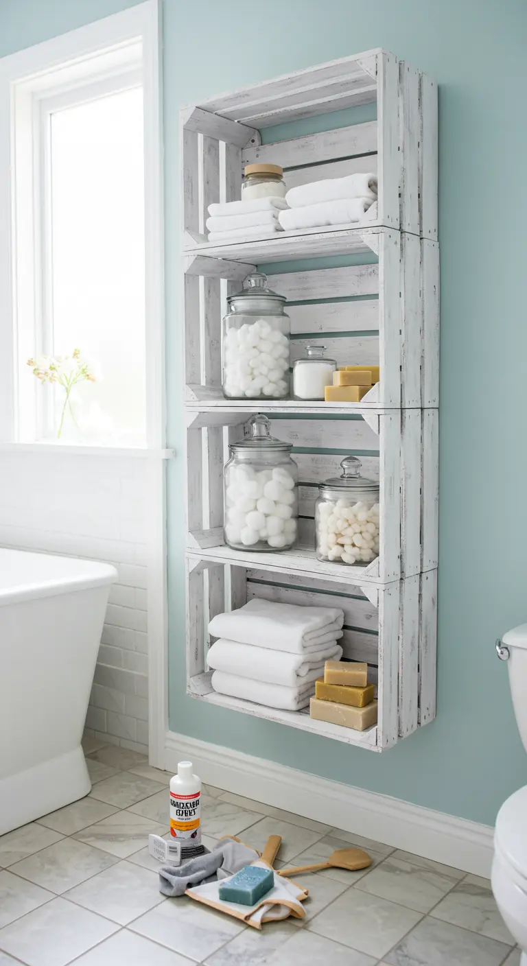 Estantería de baño con cajas de madera pintadas de blanco con efecto desgastado.