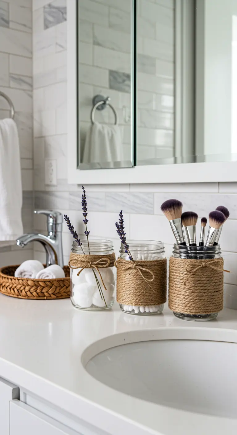 Set de tres frascos envueltos en yute para organizar brochas de maquillaje y algodones.