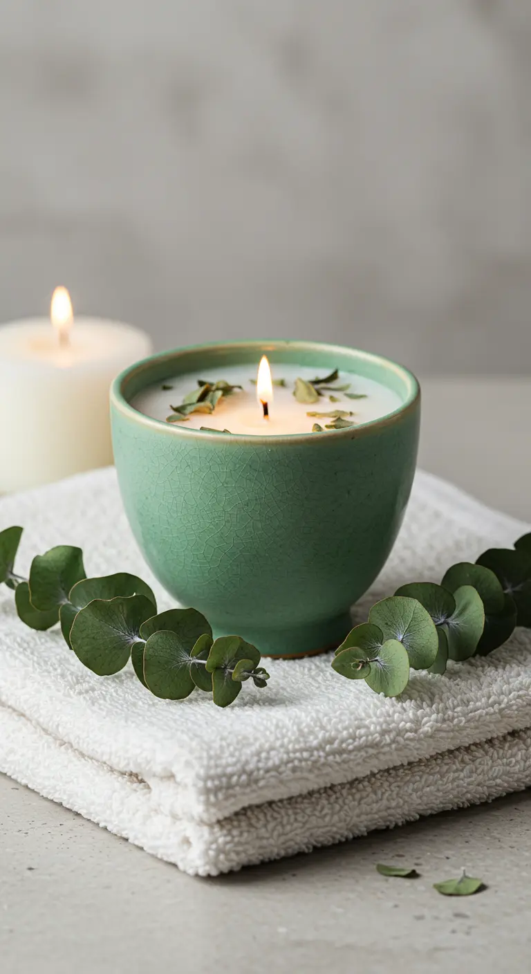 Vela encendida en un cuenco de cerámica verde, decorada con hojas de eucalipto