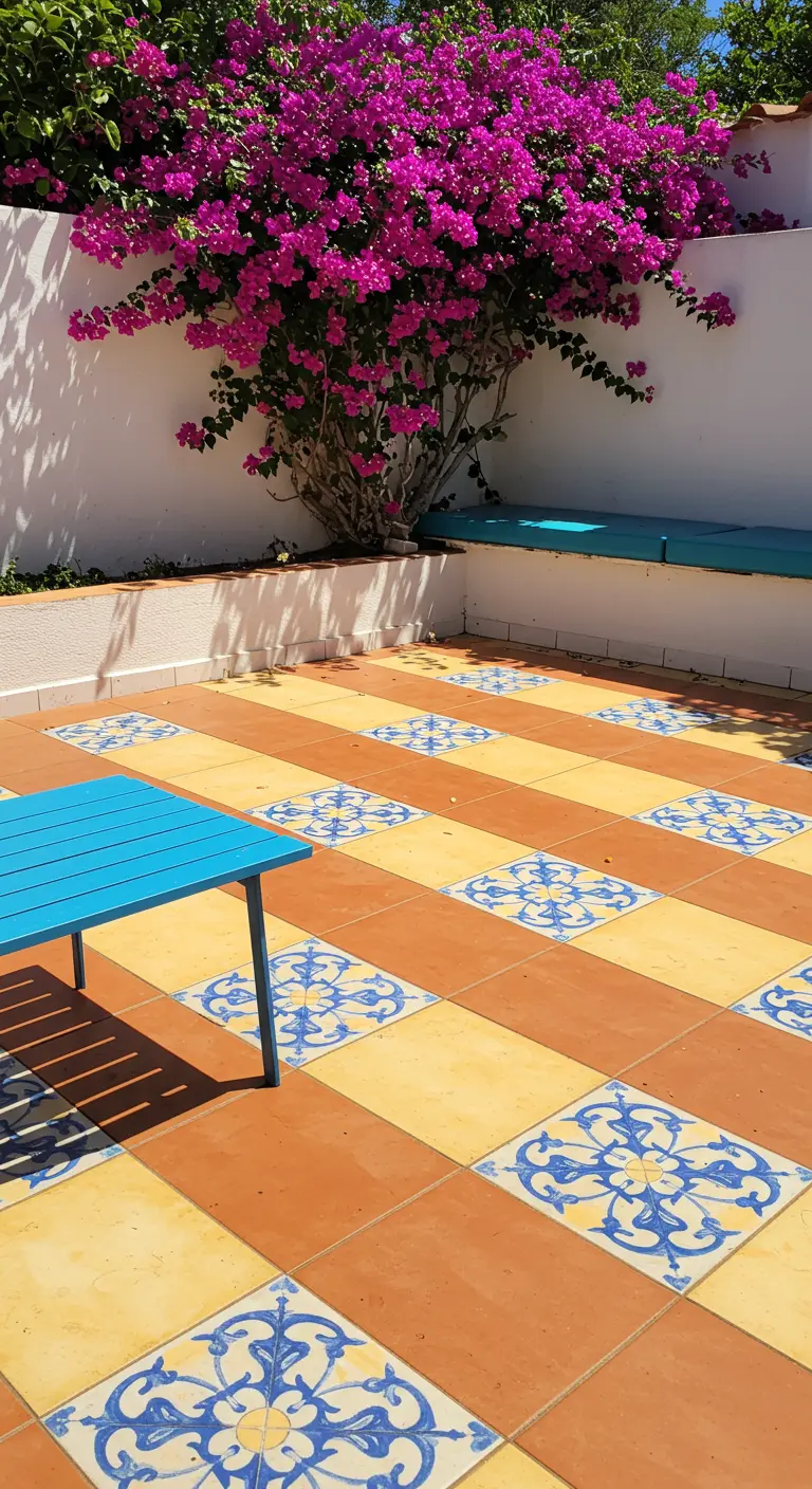 Suelo de patio con un patrón de damero que alterna baldosas de terracota y azulejos con motivos azules.