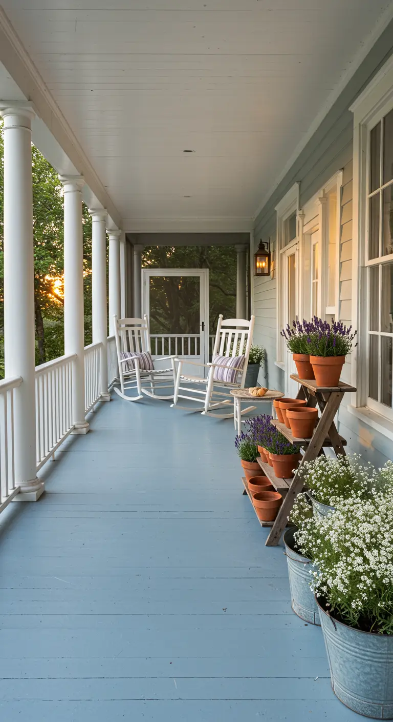 Porche con suelo azul claro, mecedoras blancas y lavanda en macetas de terracota.