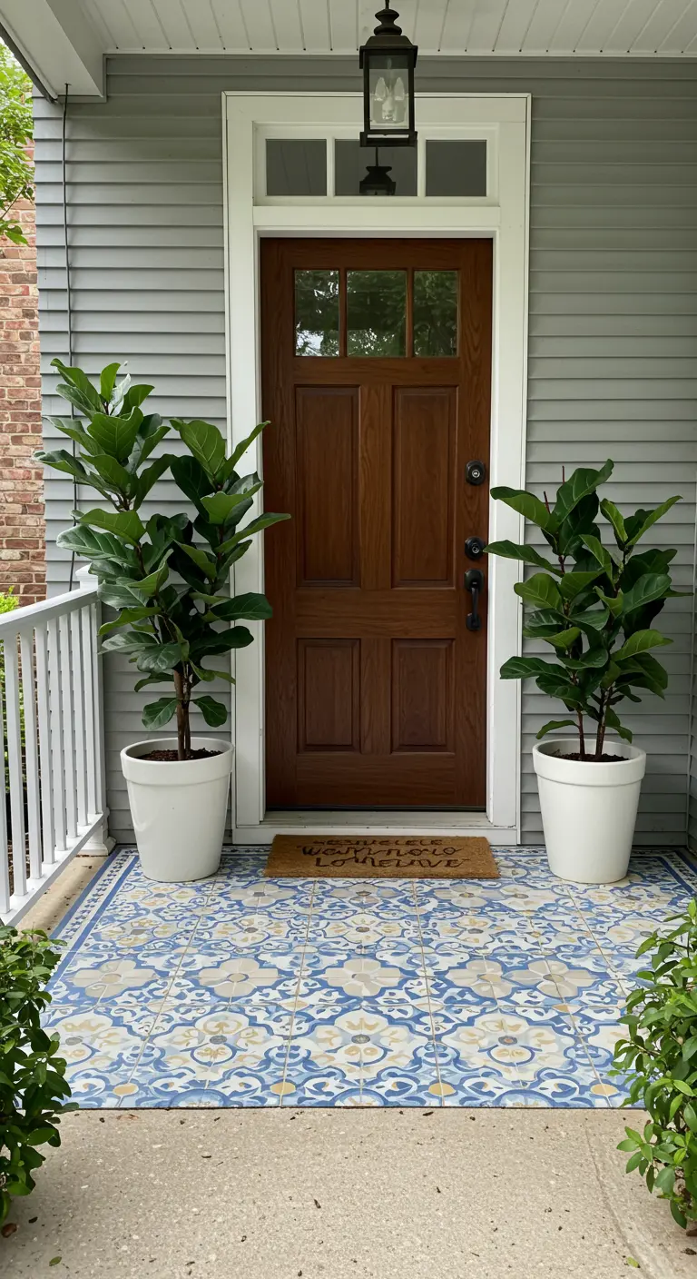 Porche con un llamativo suelo de baldosas hidráulicas azules y blancas, flanqueado por dos grandes plantas.