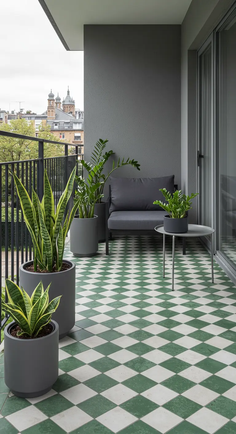 Balcón moderno con suelo de baldosas en damero verde y blanco, y varias plantas de serpiente en macetas grises.