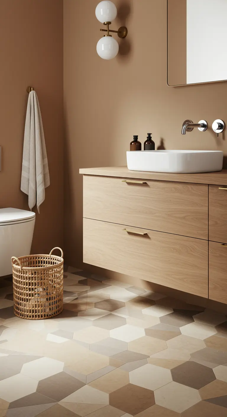 Baño con suelo de baldosas hexagonales en tonos tierra y mueble de madera de estilo Mid-Century