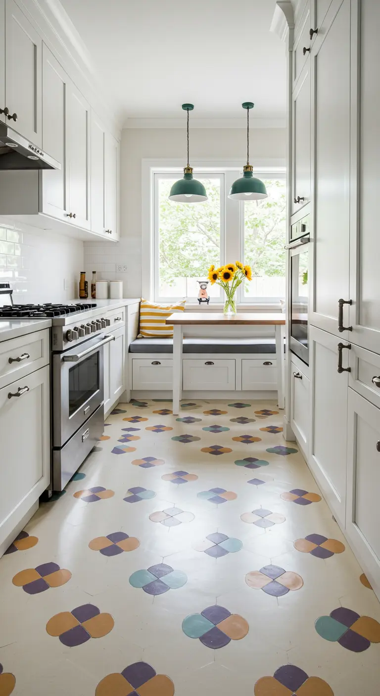 Cocina blanca con un suelo de baldosas con patrones de colores dispersos de forma irregular.